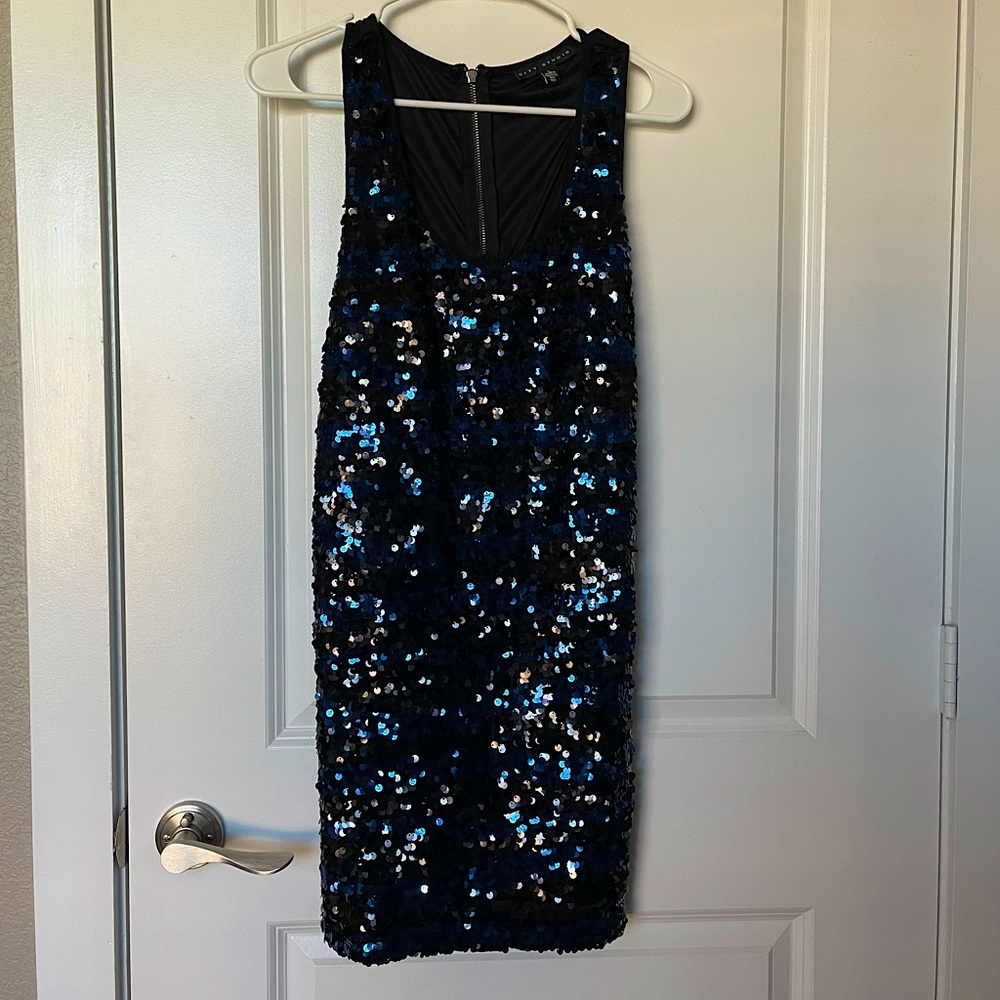 Y2K Black and Blue Striped Sequins Mini Cocktail Dress